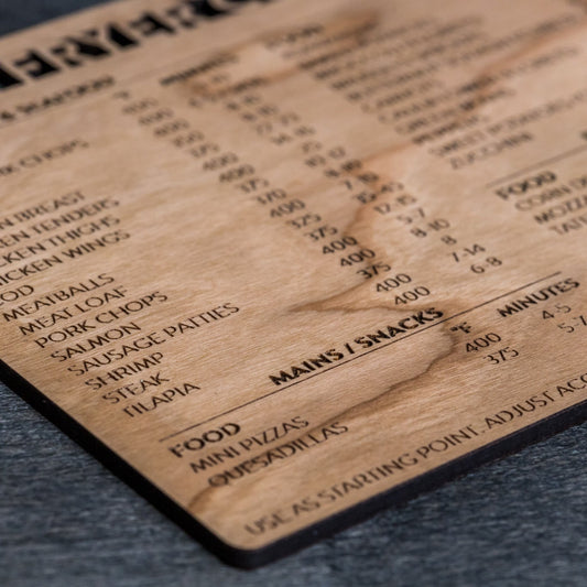 Wooden menu board with laser-engraved text on a dark surface