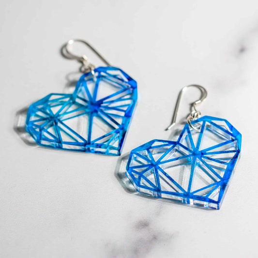 Acrylic Earrings - Blue Alcohol Ink Geometric Heart - by LeeMo Designs in Bend, Oregon