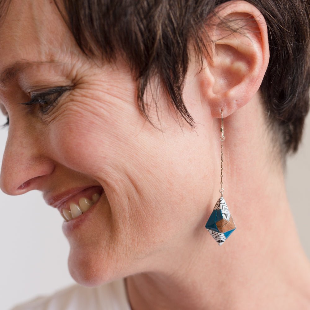 Origami Diamond Paper Earrings - Tribal Copper Teal - By LeeMo Designs in Bend, Oregon