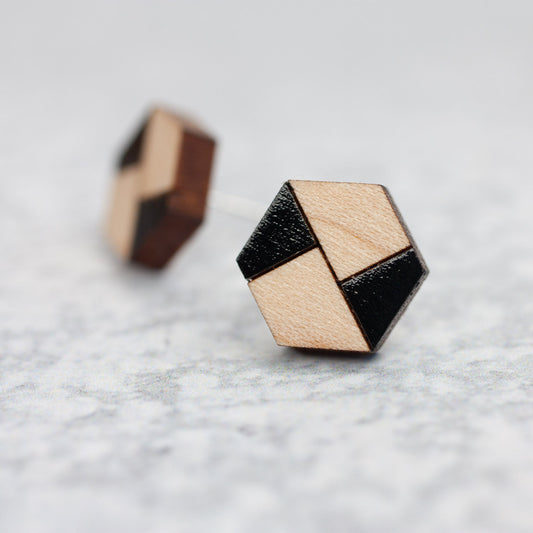 Wooden Laser Cut Earrings - Maple with Black Mondrian Hexagon - by LeeMo Designs in Bend, Oregon