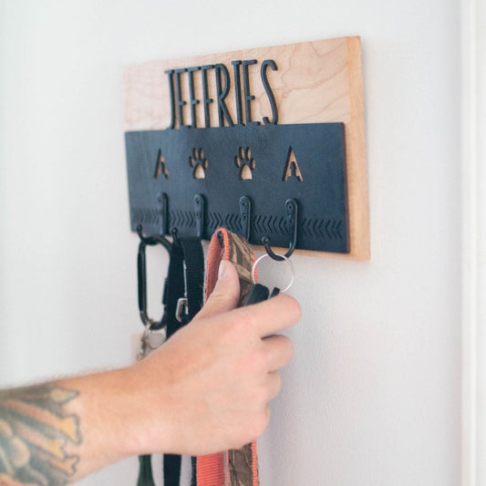 Personalized Key & Leash Holder - Laser Cut Wood with custom initials and name mounted on hardwood - by LeeMo Designs in Bend, Oregon