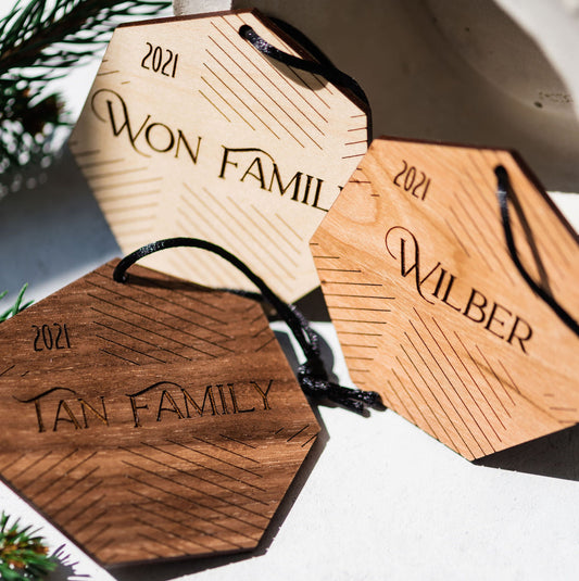 Custom Wood Ornaments: Heptagon Lines - Laser Cut and Laser Engraved Wood by LeeMo Designs in Bend, Oregon