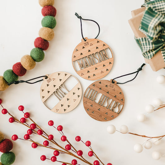 Custom Wood Ornaments: Triangle Design - Laser Cut and Laser Engraved Wood by LeeMo Designs in Bend, Oregon