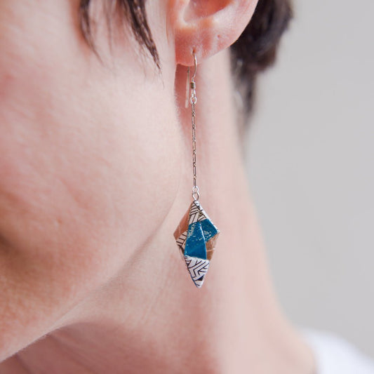 Origami Diamond Paper Earrings - Tribal Copper and Teal - By LeeMo Designs in Bend, Oregon