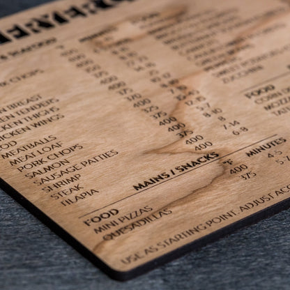 Wooden menu board with laser-engraved text on a dark surface