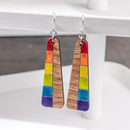 Wood Earrings - Rainbow Colored Trapezoid