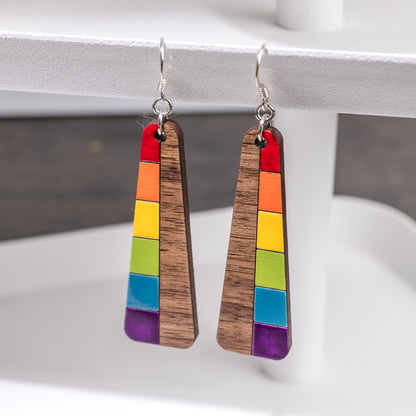 Wood Earrings - Rainbow Colored Trapezoid