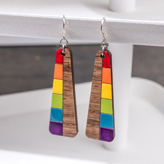 Wood Earrings - Rainbow Colored Trapezoid