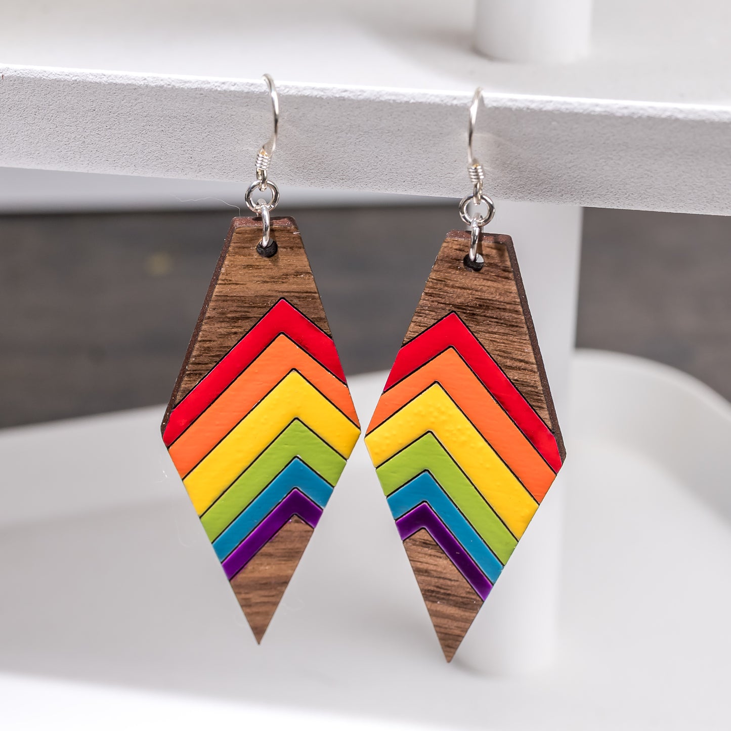 Wood Earrings - Rainbow Colored Geometric Earrings