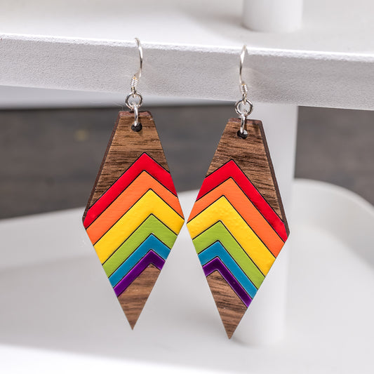 Wood Earrings - Rainbow Colored Geometric Earrings