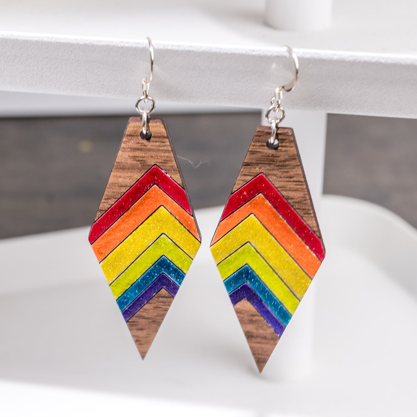 Wood Earrings - Rainbow Colored Geometric Earrings