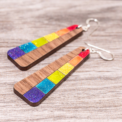 Wood Earrings - Rainbow Colored Trapezoid