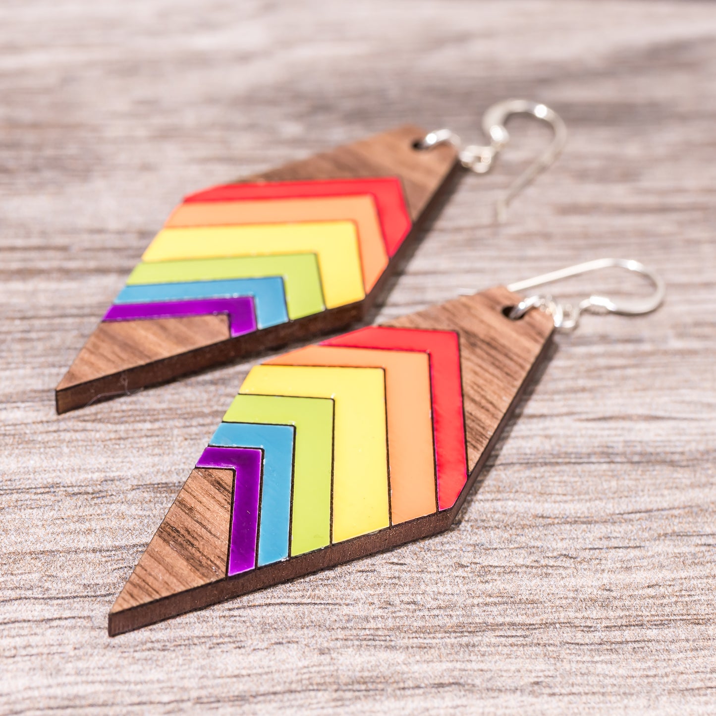 Wood Earrings - Rainbow Colored Geometric Earrings