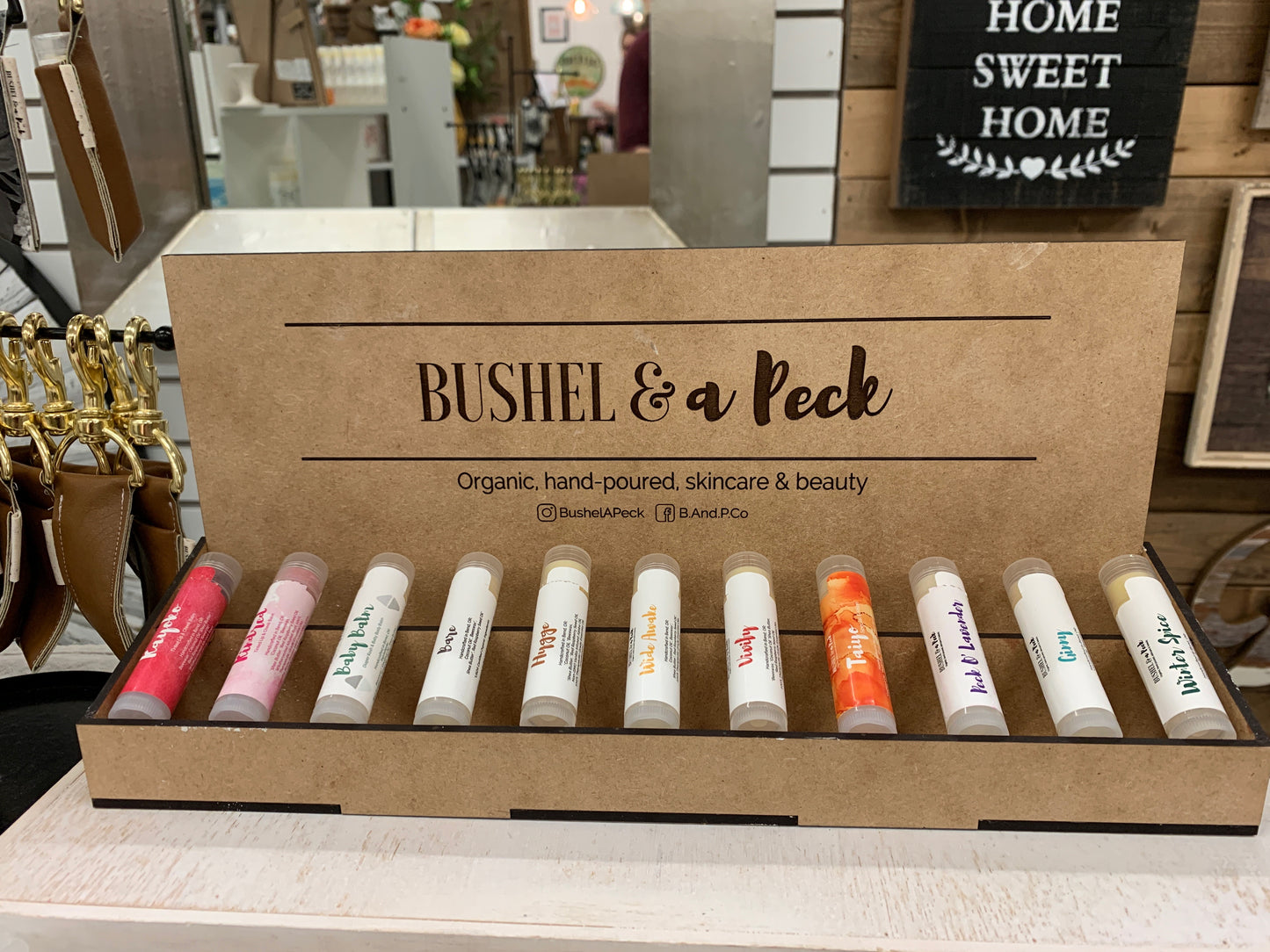 Custom Lip Balm Display Boxes - 11 Lip Balms - Bushel & A Peck Skincare with 11 lip balms in display by LeeMo Designs in Bend, Oregon
