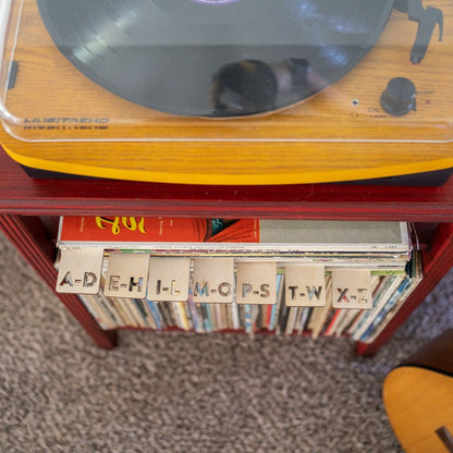 Vinyl Record Dividers - Laser Cut Wood - A-D, E-H, I-L, M-O, P-S, T-W, X-Z cut out letters separating stack of vinyl records under record player by LeeMo Designs in Bend, Oregon