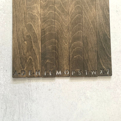 Vinyl Record Dividers - Laser Cut Wood - A-D, E-H, I-L, M-O, P-S, W-T, X-Z cut out letters in Jacobean Stain by LeeMo Designs in Bend, Oregon