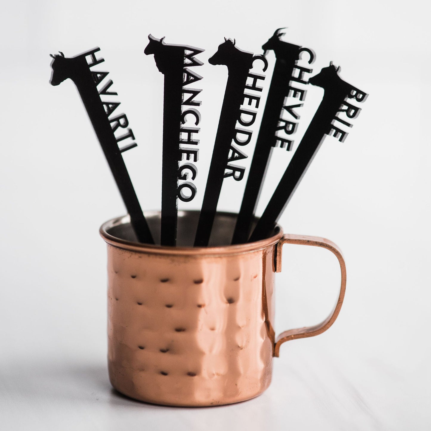 Cheese labels - laser cut black acrylic with cheese and animal head - by LeeMo Designs in Bend, Oregon