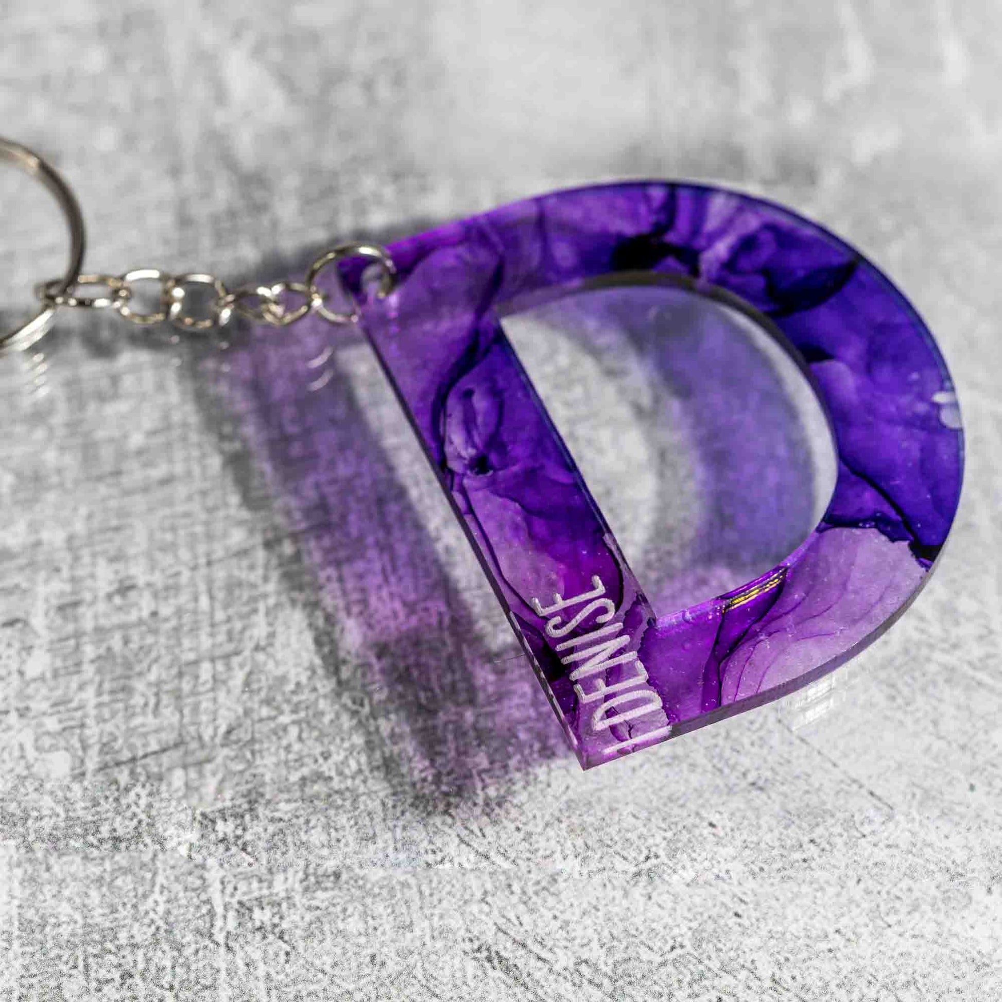 Alcohol Ink Personalized Keychains - Purple Alcohol Ink Colorway Letter D - Collaboration of West Meadow Creative and LeeMo Designs in Bend, Oregon