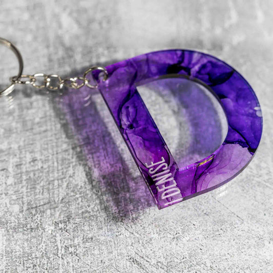 Alcohol Ink Personalized Keychains - Purple Alcohol Ink Colorway Letter D - Collaboration of West Meadow Creative and LeeMo Designs in Bend, Oregon