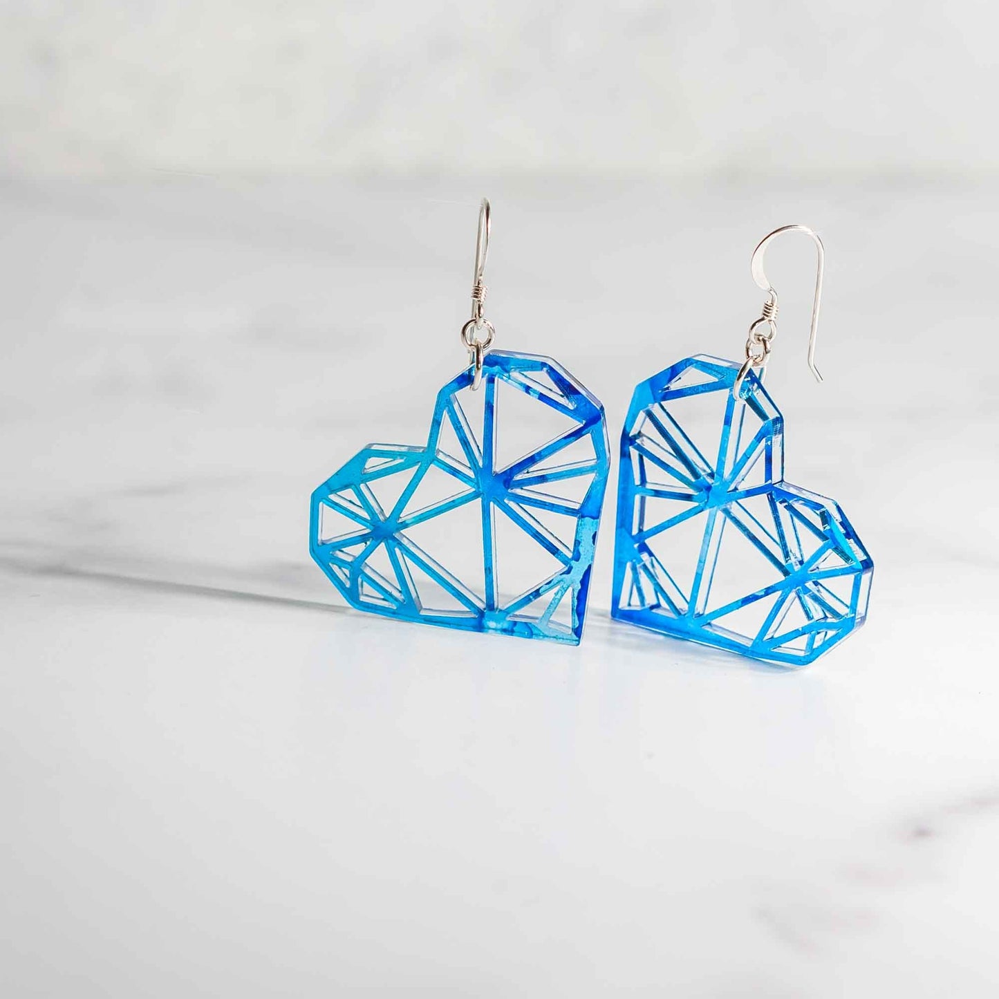 Acrylic Earrings - Blue Alcohol Ink Geometric Heart - by LeeMo Designs in Bend, Oregon