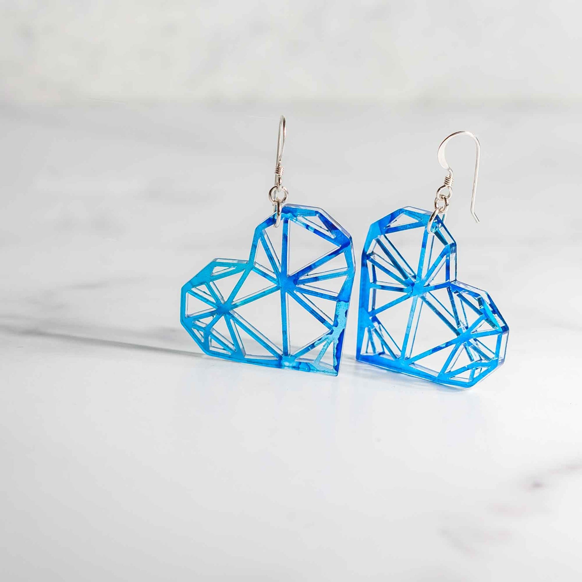 Acrylic Earrings - Blue Alcohol Ink Geometric Heart - by LeeMo Designs in Bend, Oregon