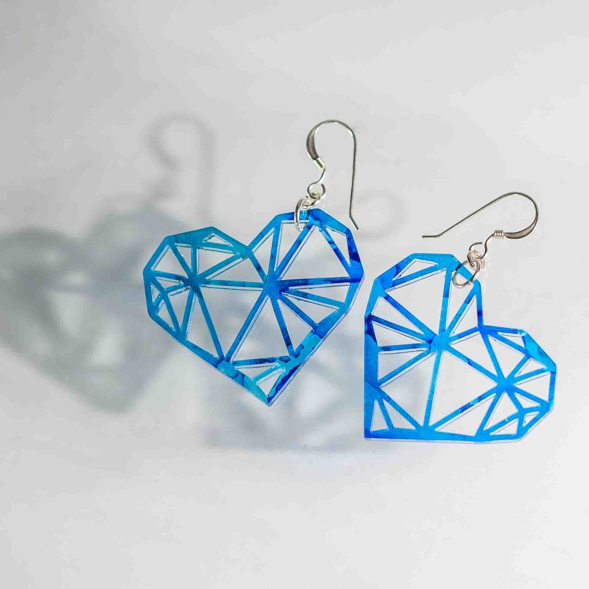 Acrylic Earrings - Blue Alcohol Ink Geometric Heart - by LeeMo Designs in Bend, Oregon