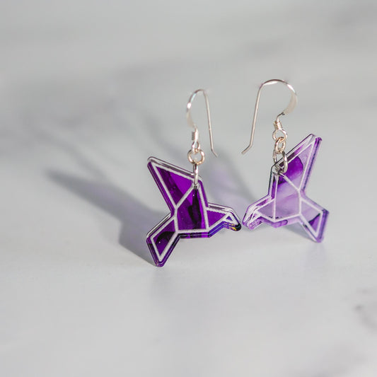 Acrylic Earrings - Purple Alcohol Ink Geometric Cranes - by LeeMo Designs in Bend, Oregon