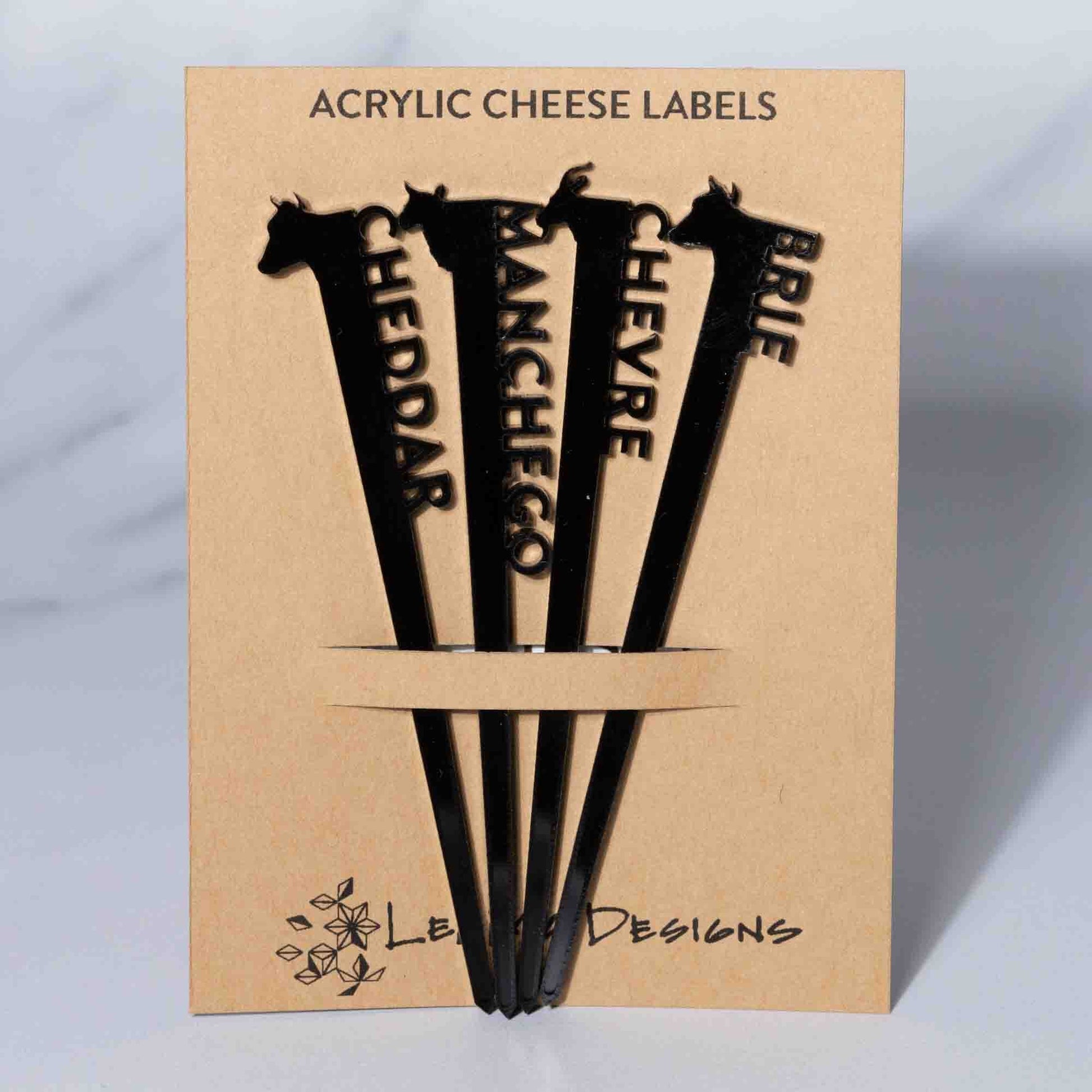 Cheese labels - laser cut black acrylic with cheese name and animal head - by LeeMo Designs in Bend, Oregon