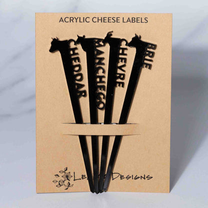 Cheese labels - laser cut black acrylic with cheese name and animal head - by LeeMo Designs in Bend, Oregon