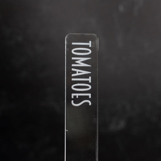 Herb Garden Marker Laser Cut Clear Acrylic Tomatoes Modern Font by LeeMo Designs in Bend, Oregon