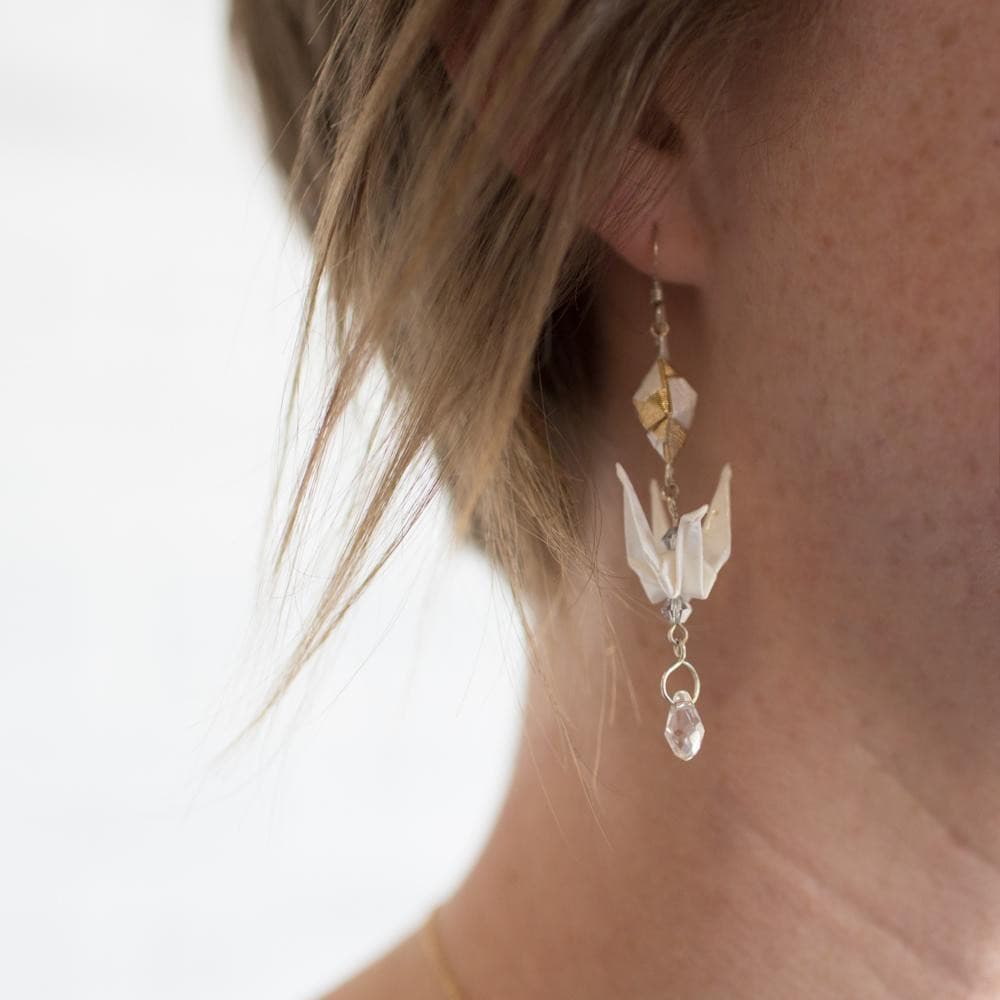 Paper Crane Origami Diamond Earrings - Gold White - By LeeMo Designs in Bend, Oregon