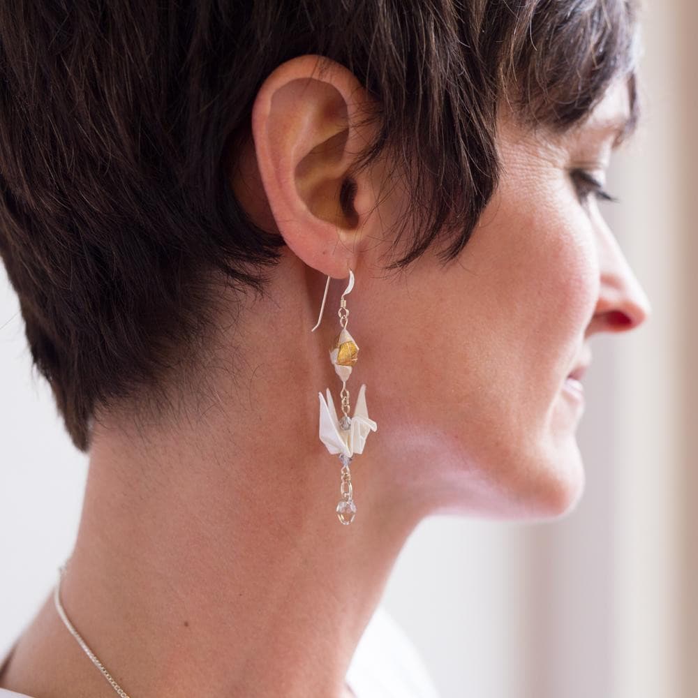 Paper Crane Origami Diamond Earrings - Gold White - By LeeMo Designs in Bend, Oregon