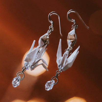 Paper Crane Origami Diamond Earrings - Gold White - By LeeMo Designs in Bend, Oregon
