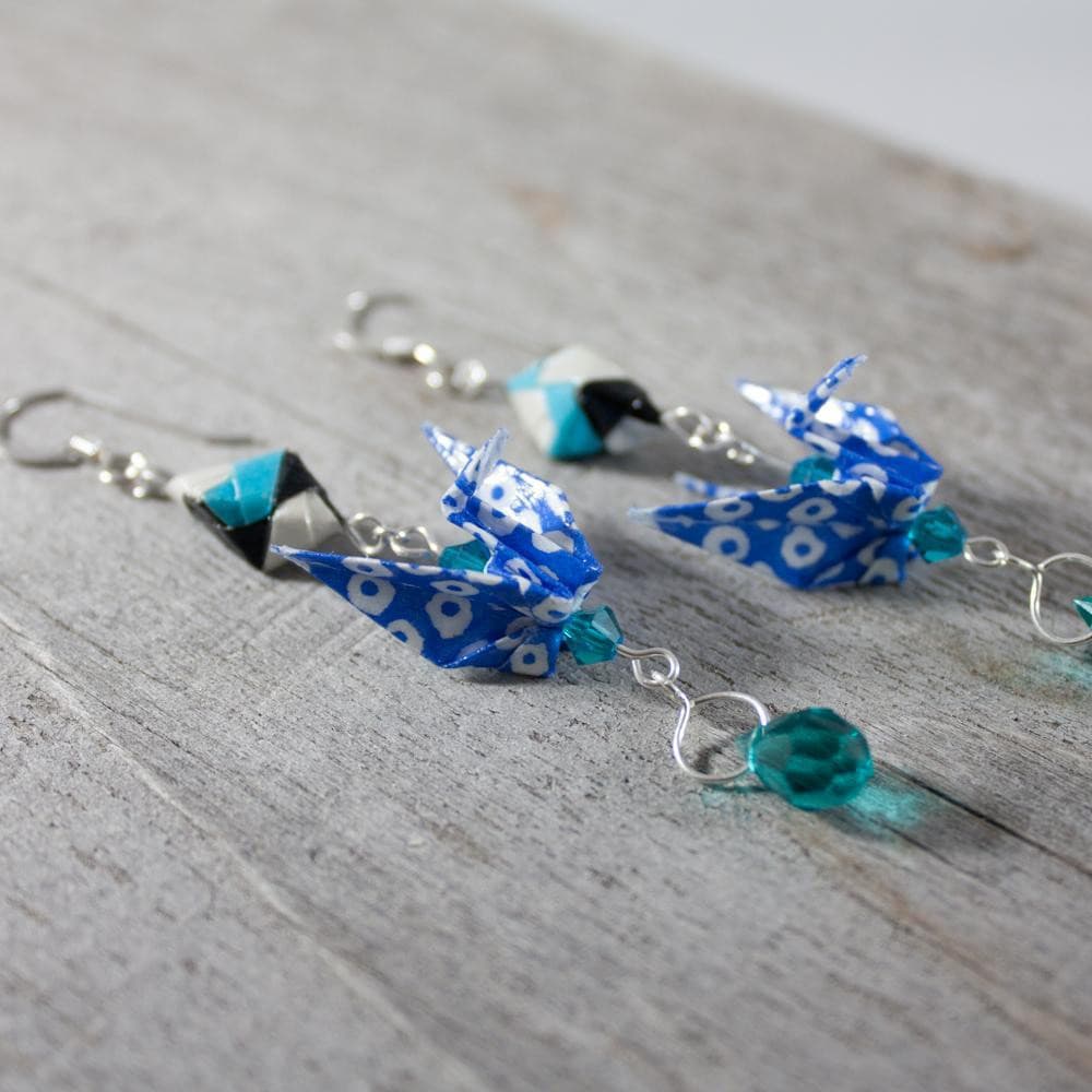 Paper Crane Origami Diamond Earrings - Blue White - By LeeMo Designs in Bend, Oregon