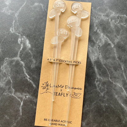 Cocktail Picks - Cursing caterpillars Set of 4 - frosted laser cut acrylic - by LeeMo Designs in Bend, Oregon