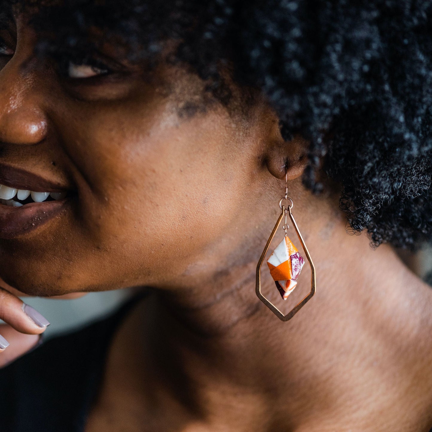 Framed Origami Diamond Paper Earrings - Copper Frame with White Orange Maroon - By LeeMo Designs in Bend, Oregon