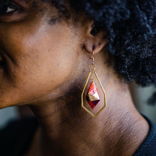 Framed Origami Diamond Paper Earrings - Gold Frame with Orange Gold Red Maroon - By LeeMo Designs in Bend, Oregon