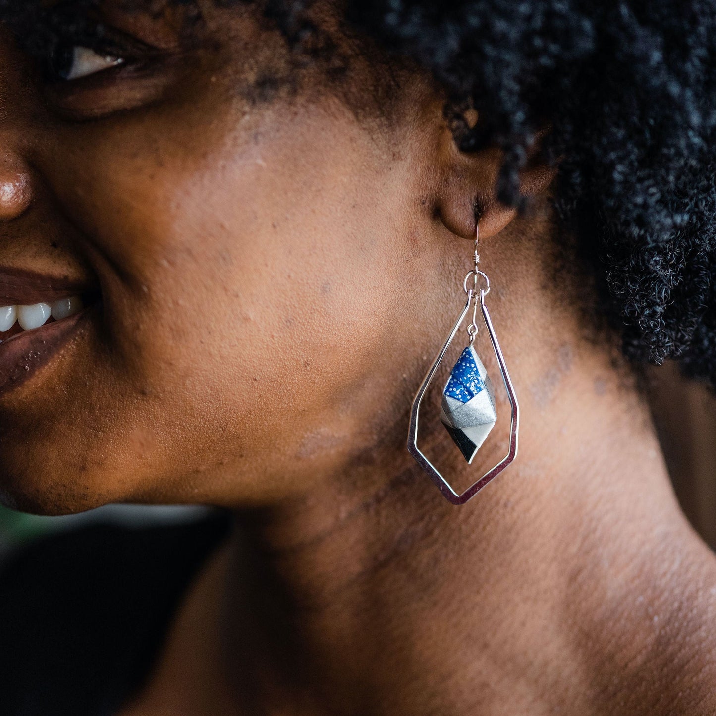 Framed Origami Diamond Paper Earrings - Silver Frame with Blue Silver White - By LeeMo Designs in Bend, Oregon