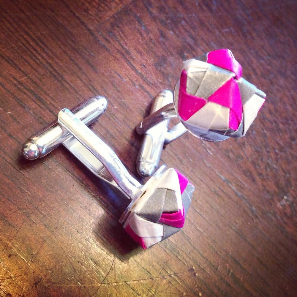 Custom Made Cufflinks - Pink Grey White Origami Paper - by LeeMo Designs in Bend, Oregon