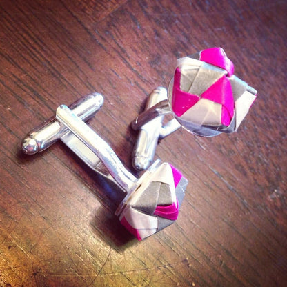 Custom Made Cufflinks - Pink Grey White Origami Paper - by LeeMo Designs in Bend, Oregon