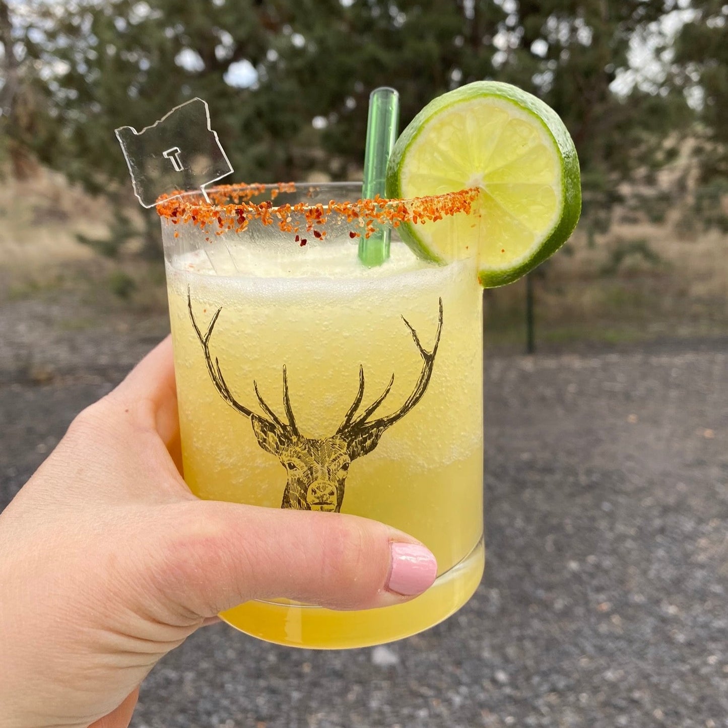 Cocktail Picks - Custom Shape - clear oregon with initial T in margarita - by LeeMo Designs in Bend, Oregon