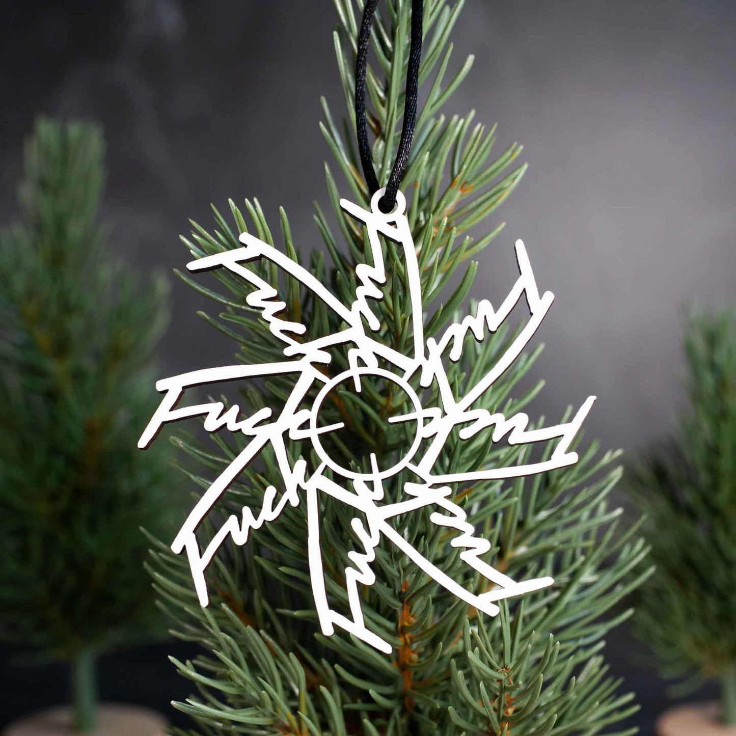 Swear Word Ornament: Laser Cut White Wood Fuck Flake by LeeMo Designs in Bend, Oregon