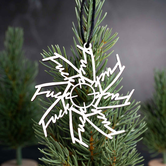 Swear Word Ornament: Laser Cut White Wood Fuck Flake by LeeMo Designs in Bend, Oregon