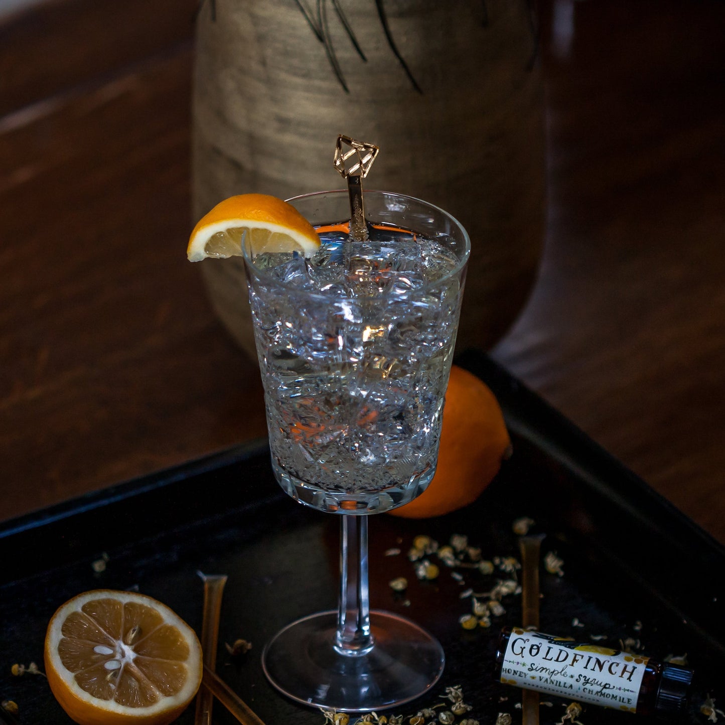 Stir Sticks - Geometric - gold in meadowland goldfinch mocktail - laser cut by LeeMo Designs in Bend, Oregon