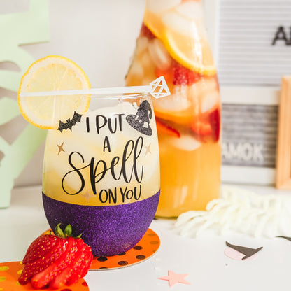 Stir Sticks - Geometric - white in halloween themed orange juice - laser cut by LeeMo Designs in Bend, Oregon
