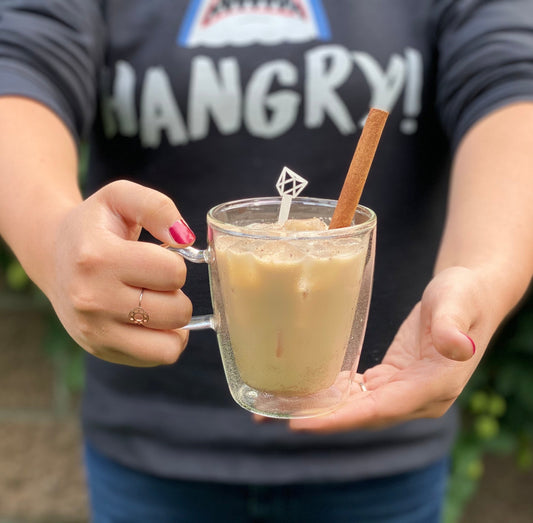 Stir Sticks - Geometric - white in iced coffee - laser cut by LeeMo Designs in Bend, Oregon