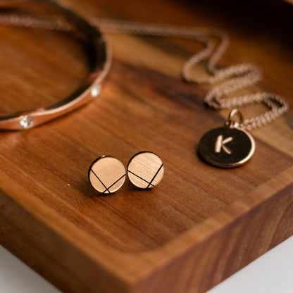 Laser Cut Geometric Earrings - Copper Acrylic GeoStud Circles - by LeeMo Designs in Bend, Oregon