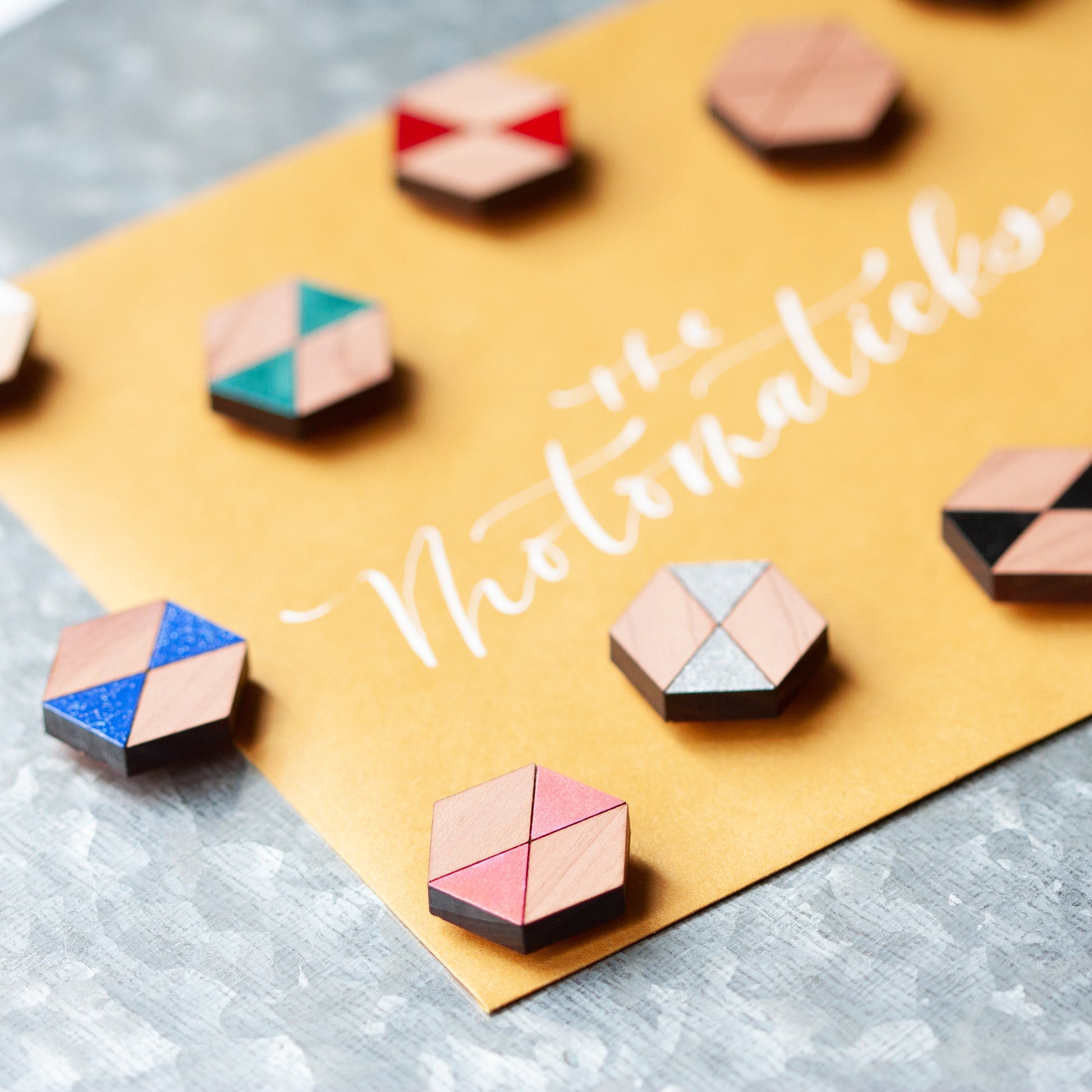 Decorative Refrigerator Magnets - Hexagonal cedar wood, hand painted by LeeMo Designs in Bend, Oregon