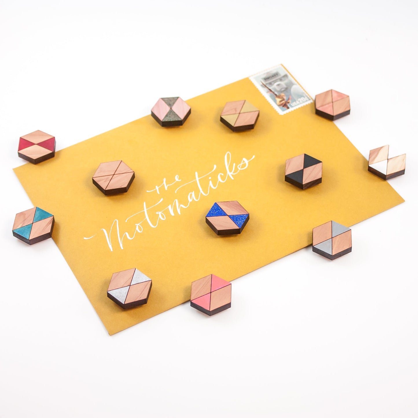 Decorative Refrigerator Magnets - Hexagonal cedar wood, hand painted by LeeMo Designs in Bend, Oregon