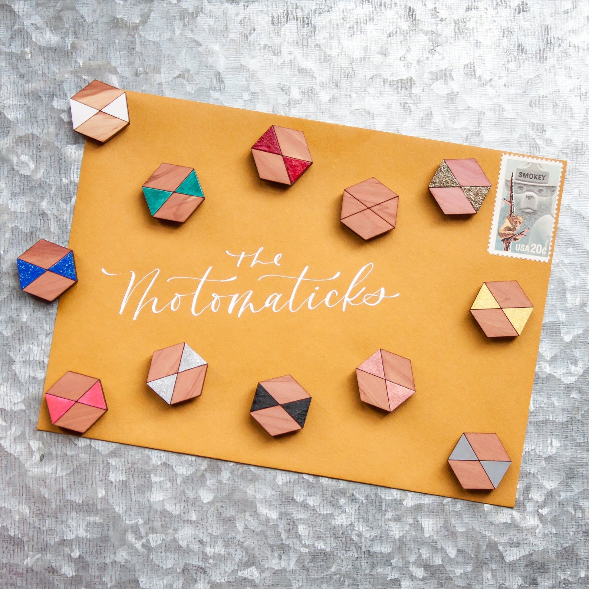 Decorative Refrigerator Magnets - Hexagonal cedar wood, hand painted by LeeMo Designs in Bend, Oregon